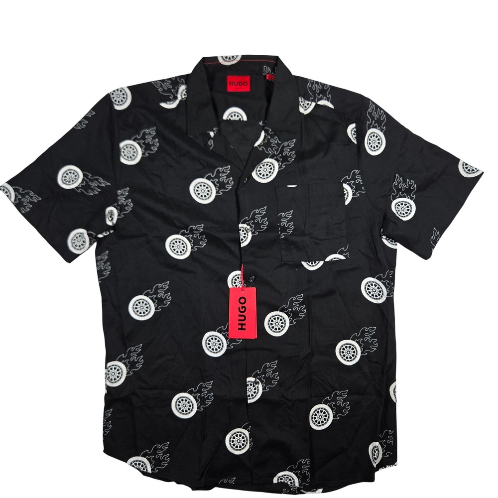 Hugo Boss Mens XL Black Flaming Wheel Print Short Sleeve Viscose Shirt Ellino